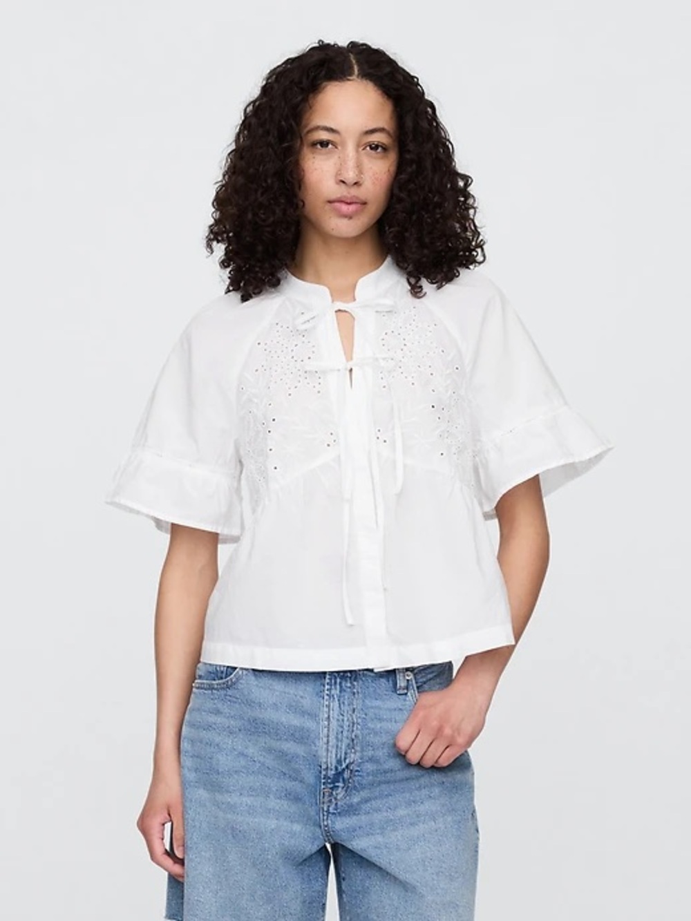 Gap White Eyelet Tie-Front Short Sleeve Top